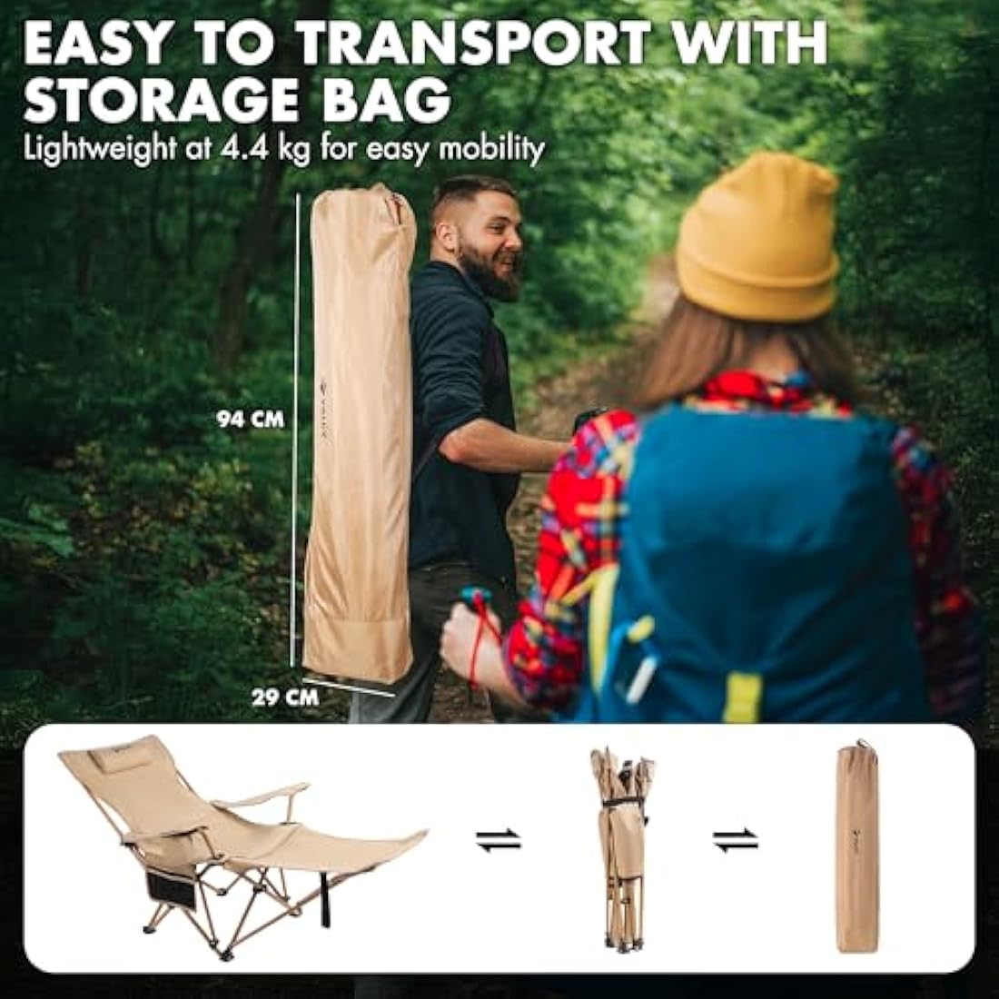 VILLEY Reclining Camping Chair | Portable 2-in-1 Lounge with Footrest