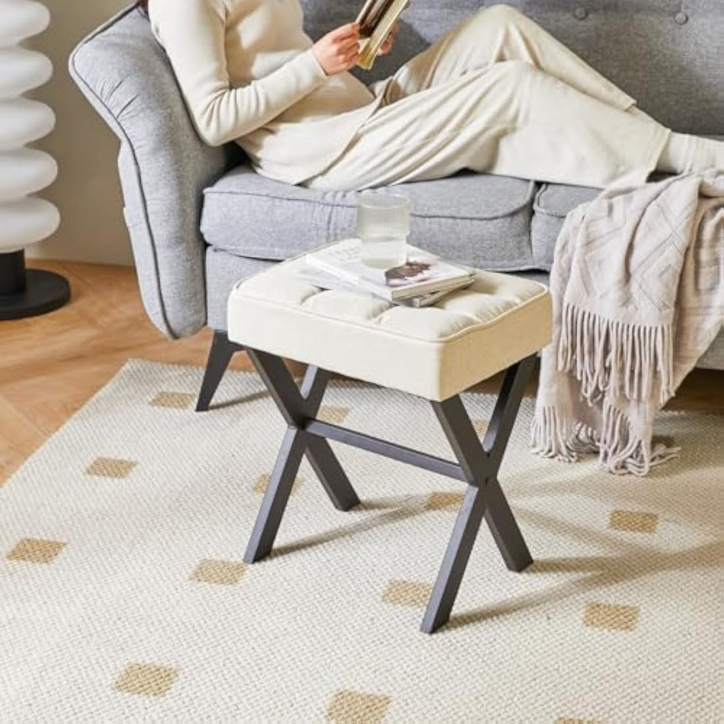 IBUYKE Square Vanity Stool – Linen Ottoman Footrest with Metal X-Legs