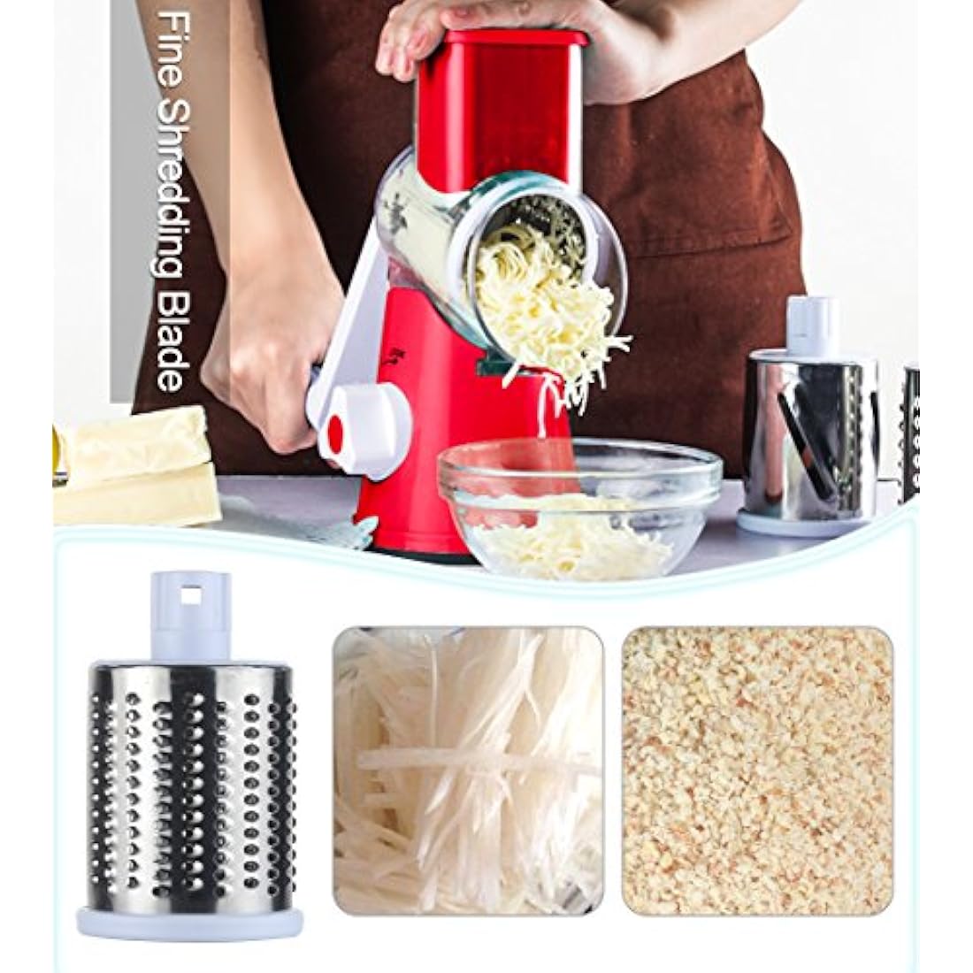 Ourokhome Rotary Cheese Grater - 3-Blade Vegetable Slicer & Chopper, Red