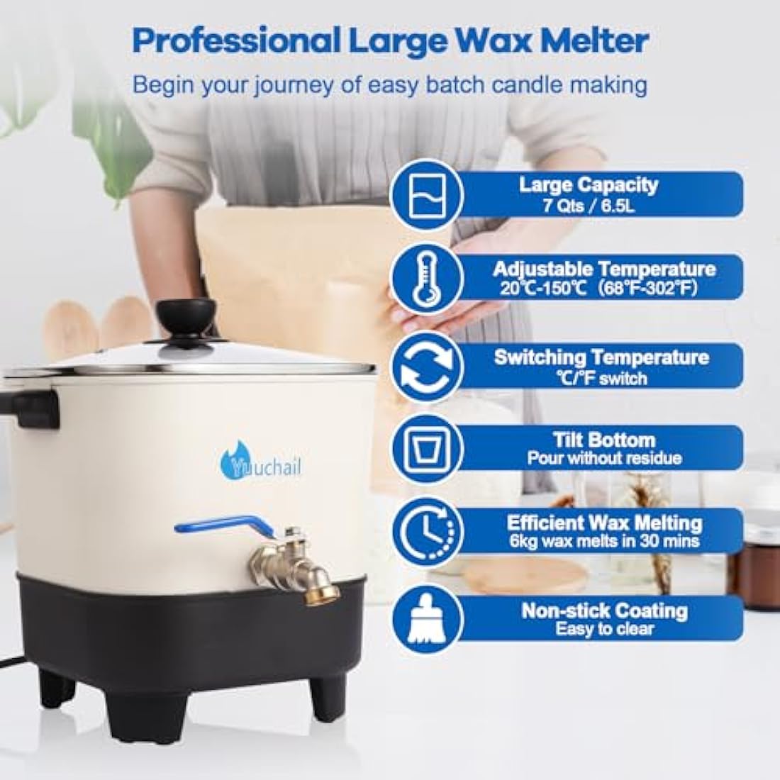 Yuuchail 6.5L Wax Melter for Candle Making | Digital Non-Stick Pot