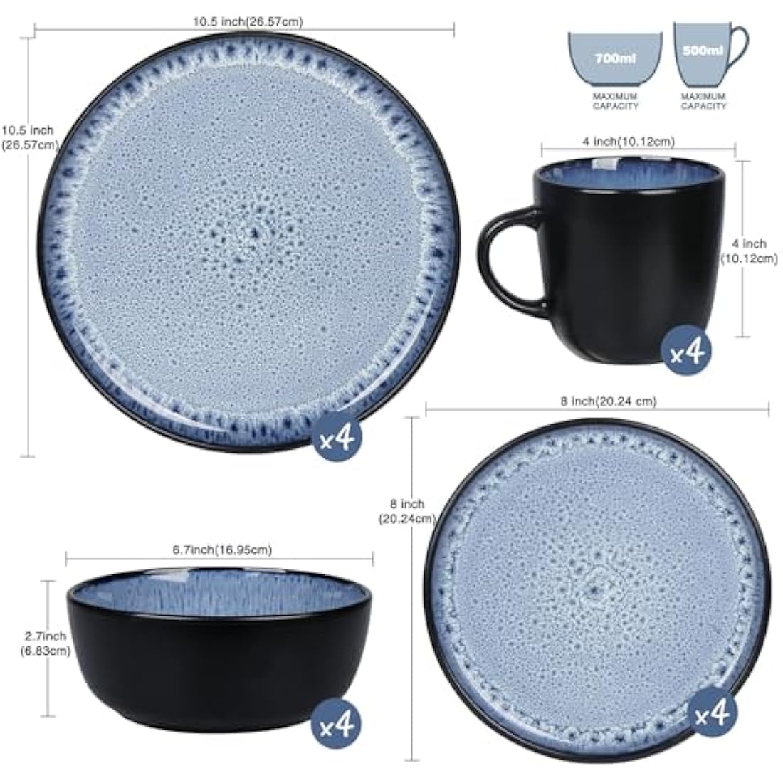 Greentainer 16-Piece Stoneware Dinnerware Set | Reactive Glaze Ocean Blue
