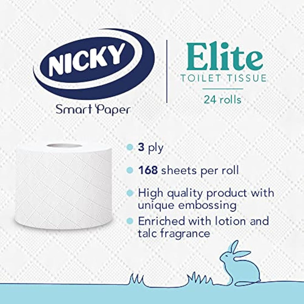 Nicky Elite 3-Ply Scented Toilet Tissue – 24 Rolls of Soft White Paper