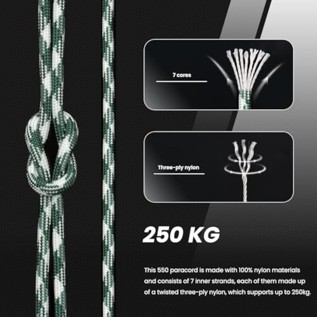 Abma Cord 550 Paracord – 100m Nylon Type III 7 Strand Rope, Shamrock Frost