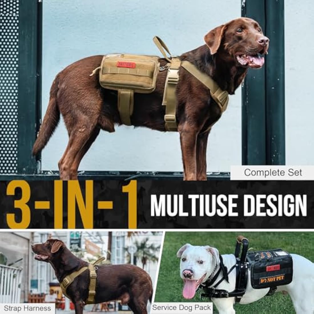 OneTigris Service Dog Vest Harness | Tactical MOLLE Dog Backpack - Brown, L