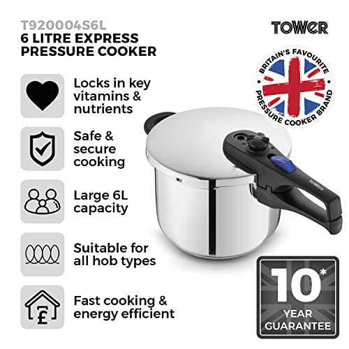 Tower Express Pressure Cooker – 6L Stainless Steel with Bakelite Handle