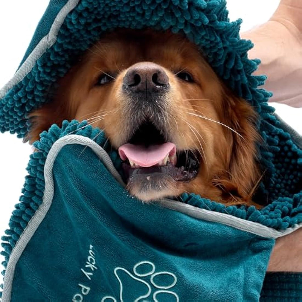 Lucky Paws Chenille Dog Towel with Hand Pockets – Absorbent Teal, 2 Pack