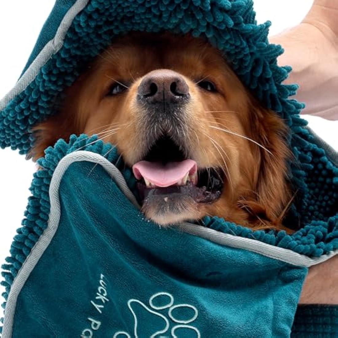 Lucky Paws Chenille Dog Towel with Hand Pockets – Absorbent Teal, 2 Pack