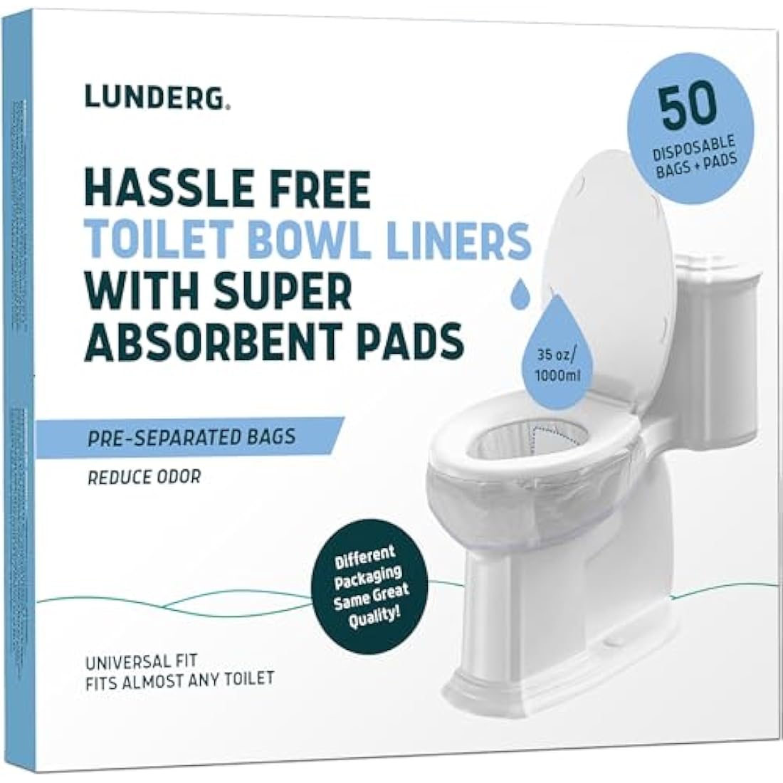 Lunderg Toilet Liners with Absorbent Pads – 50 Count Disposable Bags