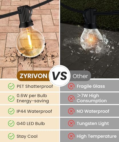 ZYRIVON 30M Outdoor String Lights | 50+3 G40 LED Shatterproof Garden Lights