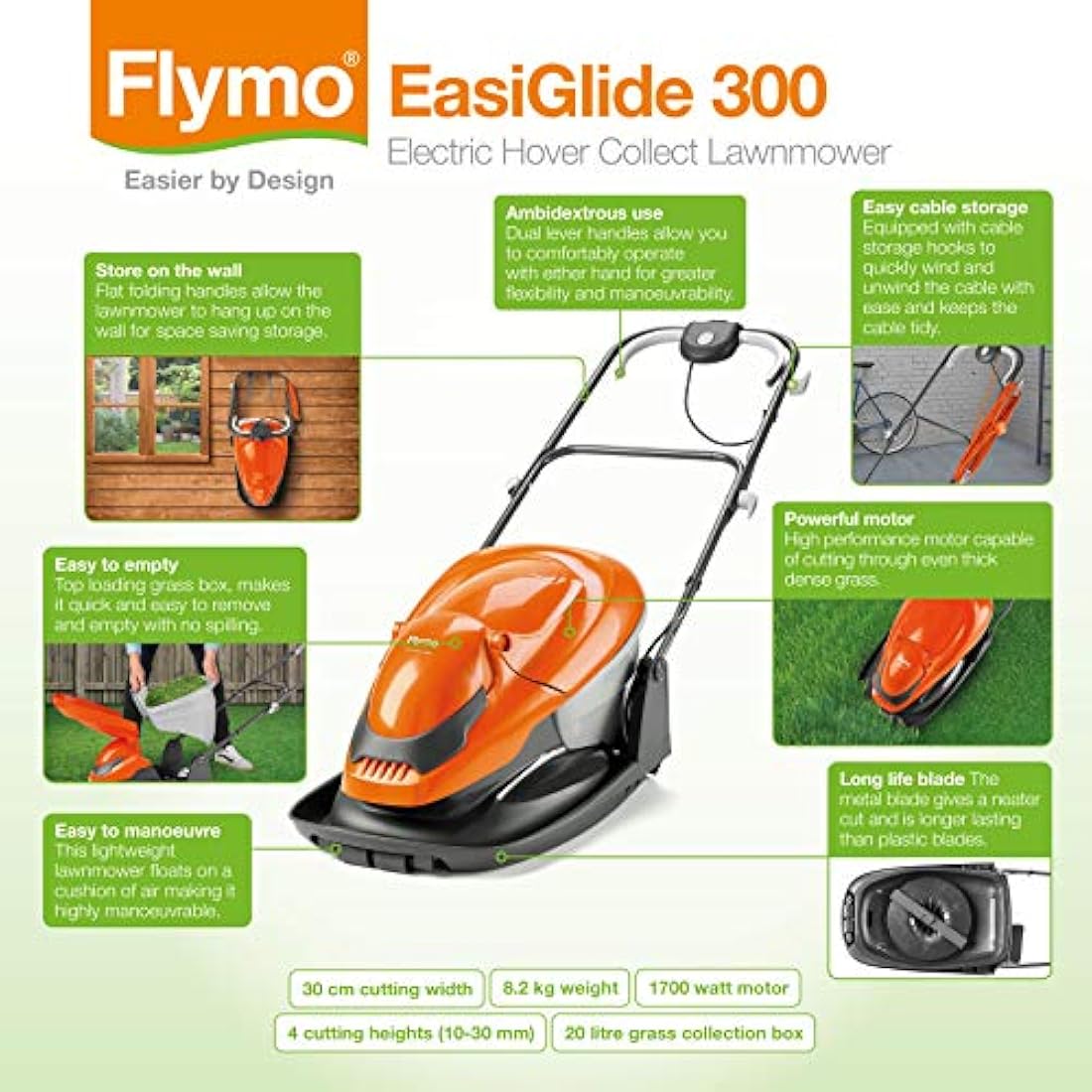 Flymo EasiGlide 300 Hover Lawn Mower – 1700W Electric Mower, 30cm