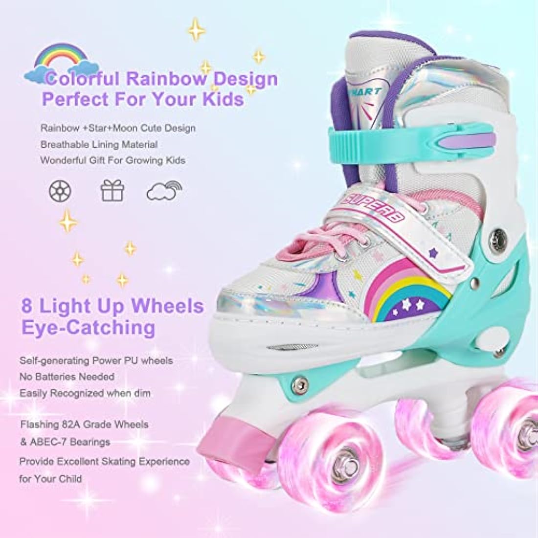 Jolof Store Kids Roller Skates – Adjustable Light Up Rainbow Skates