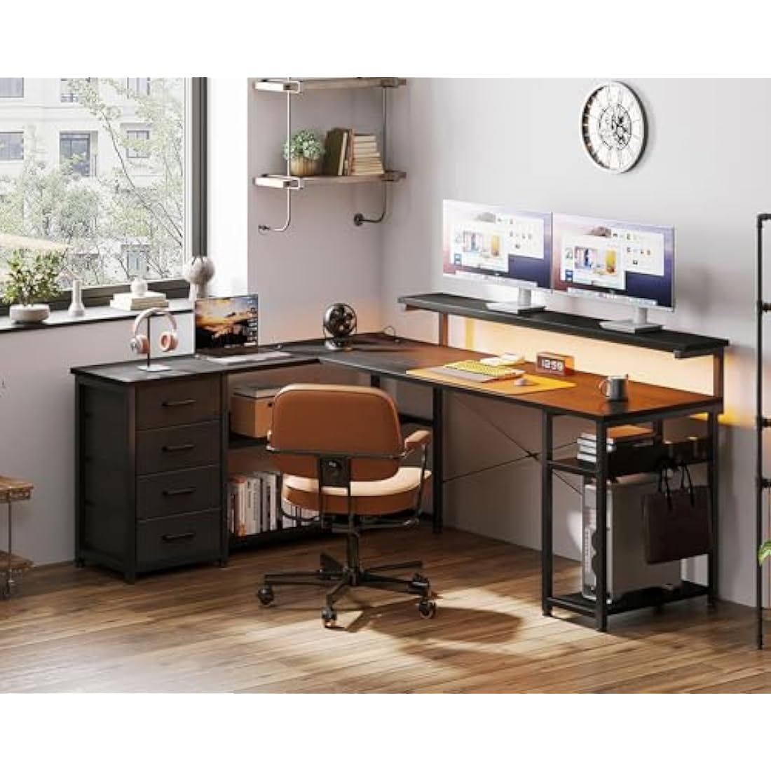 ODK L-Shaped Gaming Desk with LED Lights, Power Outlets & Drawers - Black