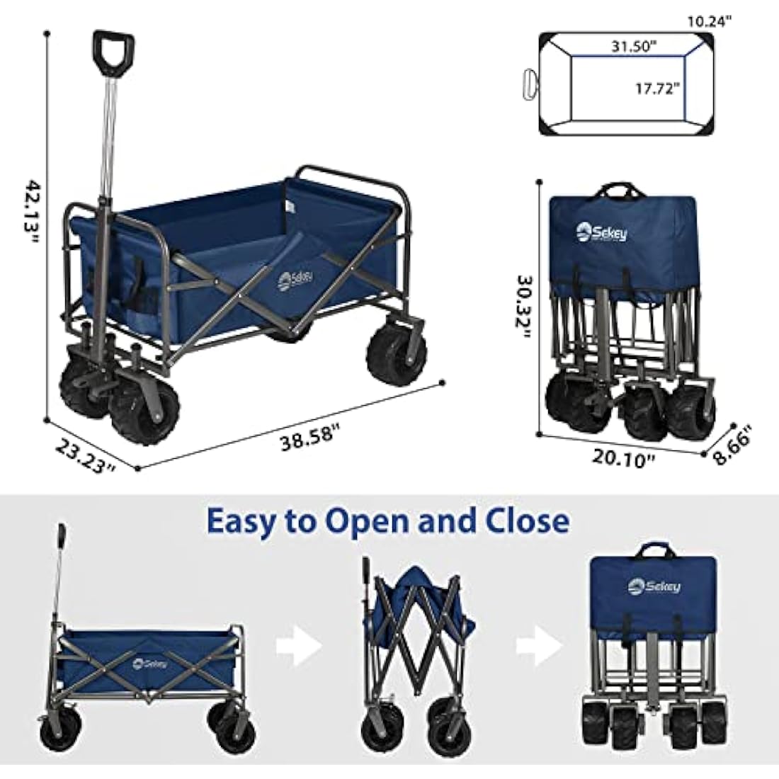 Sekey Heavy-Duty Folding Wagon | All-Terrain Beach & Garden Cart, Blue