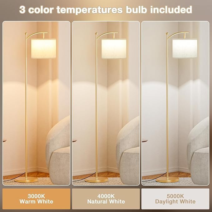 Aooshine Gold Floor Lamp – 3 Color Temperatures & Adjustable Shade