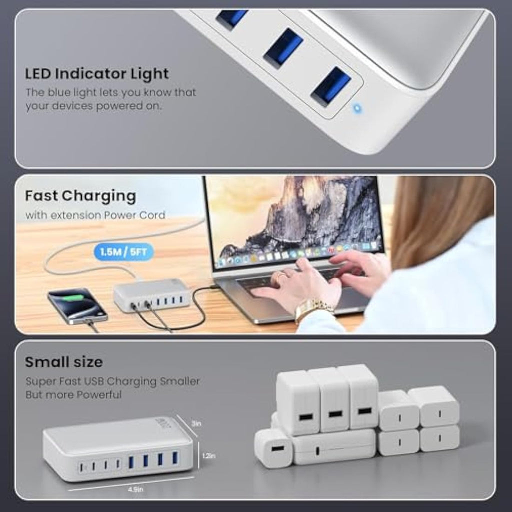 200W GaN III 8-Port USB C Fast Charger Station – White