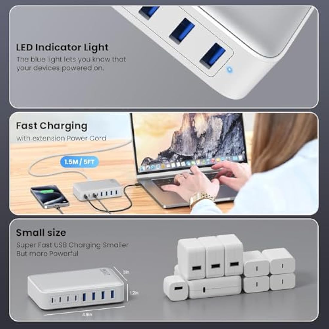 200W GaN III 8-Port USB C Fast Charger Station – White