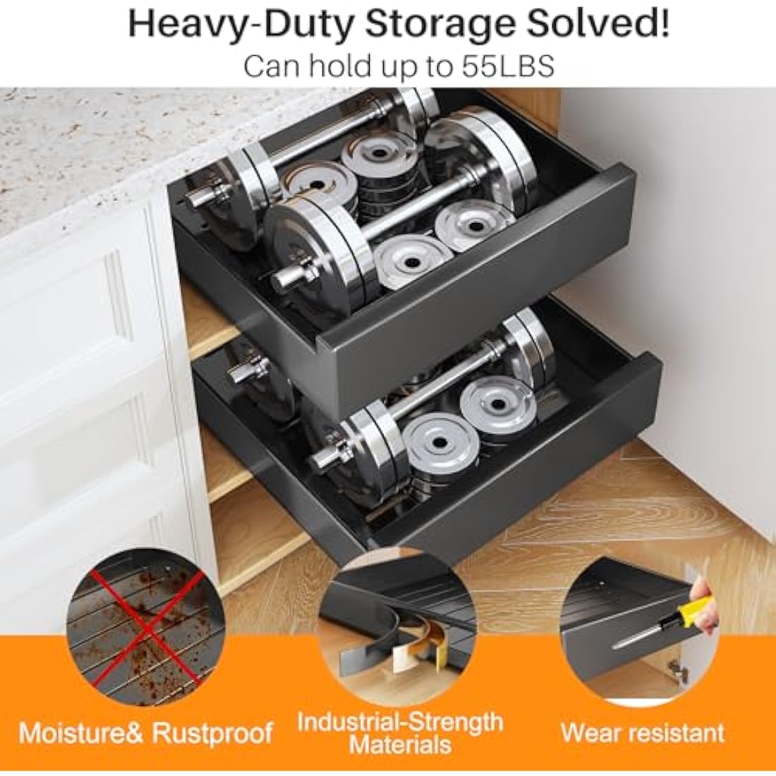 SAYZH Pull Out Cabinet Organiser – Heavy Duty No-Drill Sliding Drawer, Black