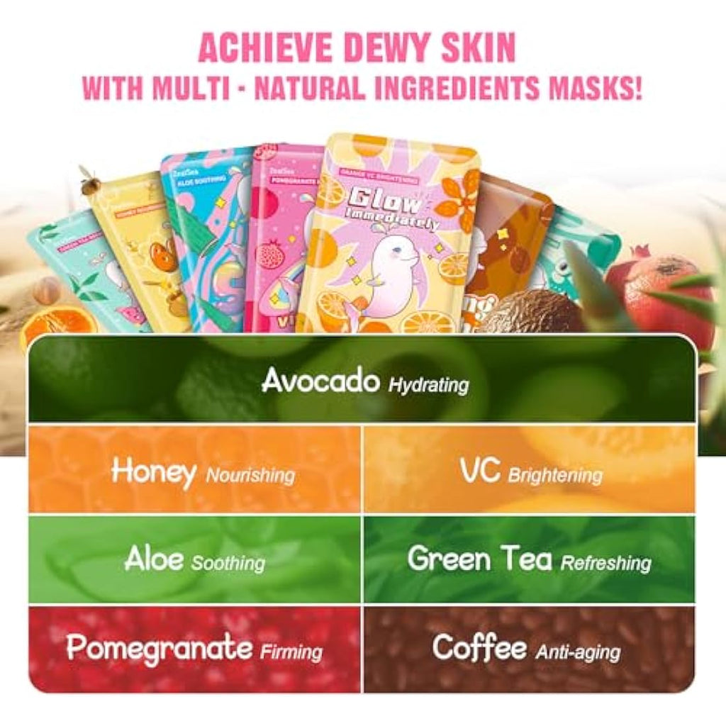 ZealSea Facial Sheet Mask Pack of 21 | Hydrating & Brightening Cotton Masks