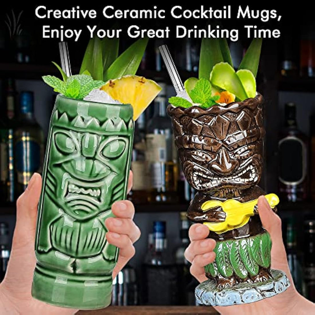 Jolof Store Ceramic Tiki Mugs - Set of 4 Tropical Hawaiian Cocktail Glasses
