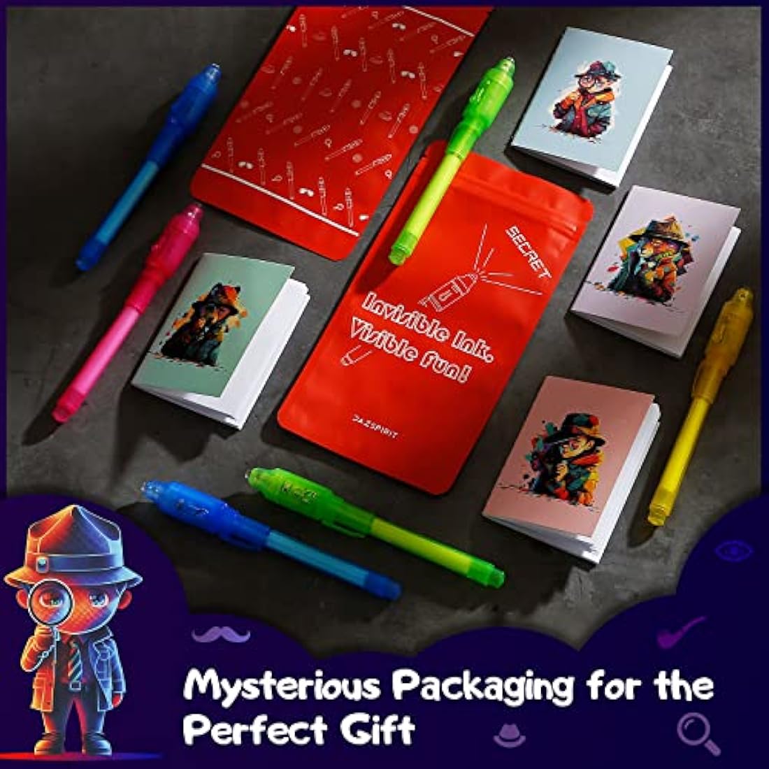 DazSpirit 16 Pack Invisible Ink Spy Pens with UV Light and Notebooks