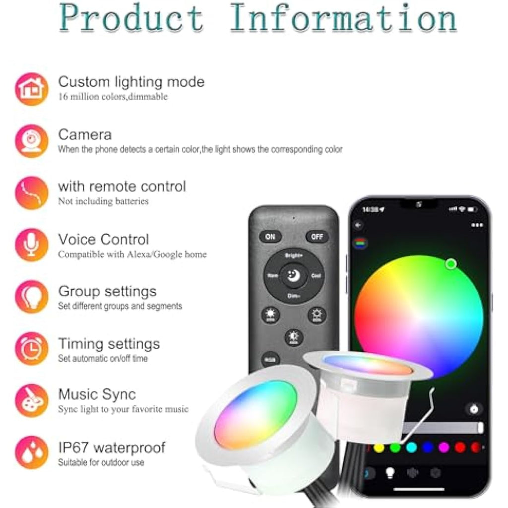 GEYUEYA RGB LED Deck Lights – Bluetooth App Control IP67 Waterproof 20pk