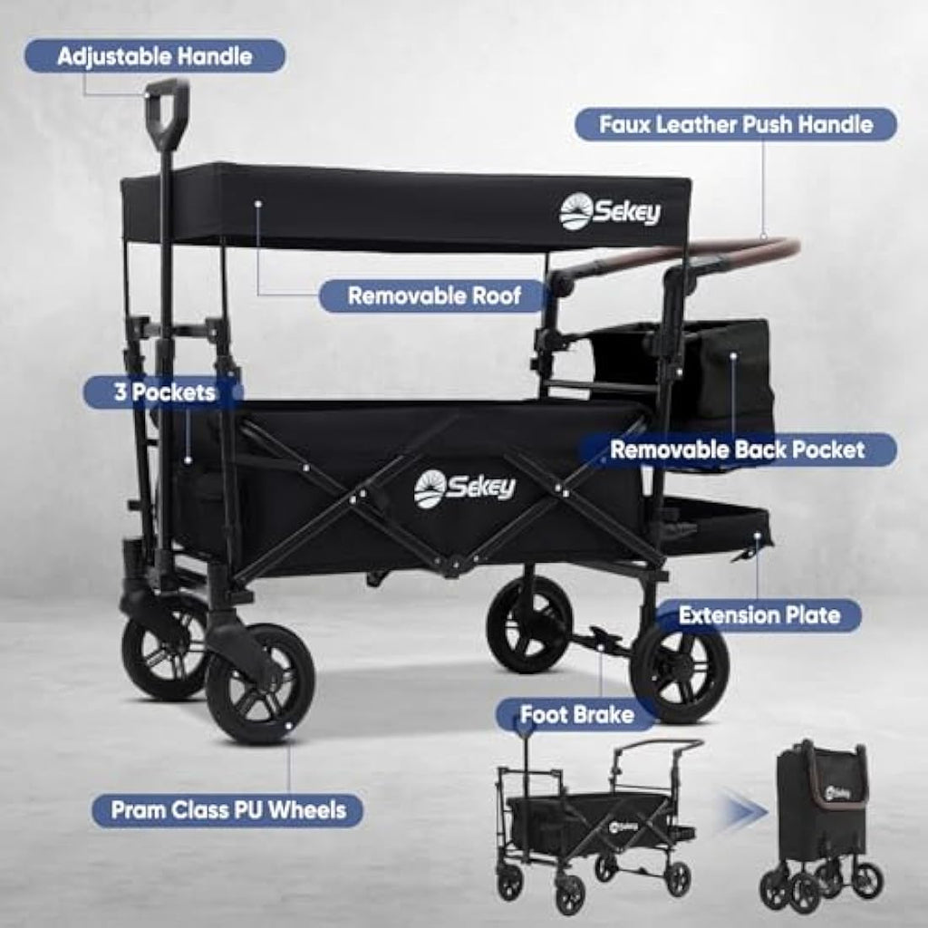 Sekey Kids Folding Wagon with Canopy | 220lbs Capacity Trolley – Black