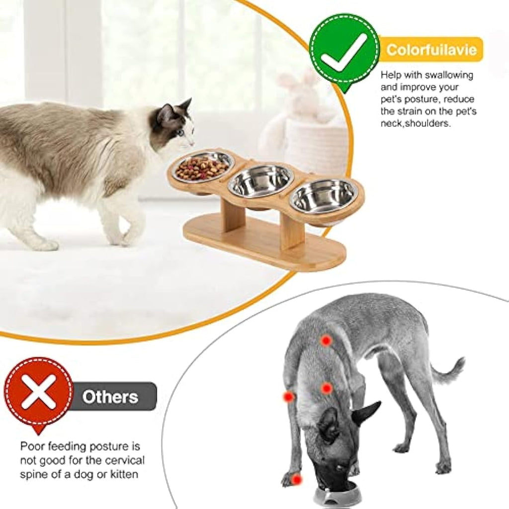 Raised Cat Feeding Station – 3 Stainless Steel Bowls & Bamboo