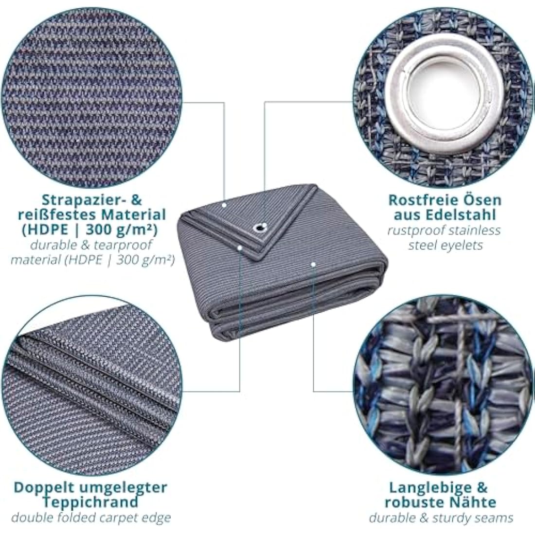 Valuents Awning Carpet – Blue/Grey HDPE Camping Rug with T-Pegs & Bag