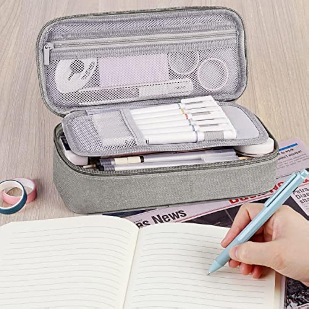 WEMATE Large Canvas Pencil Case | 5-Compartment High Capacity Pouch - Grey