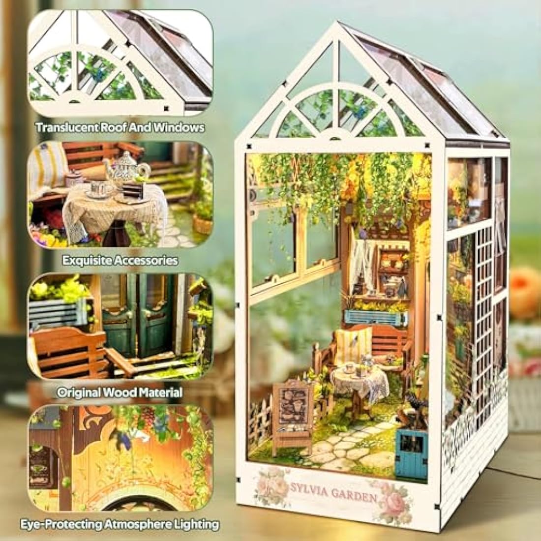 CRIOLPO Tea Time Garden Book Nook Kit - 3D Wooden Miniature with LED
