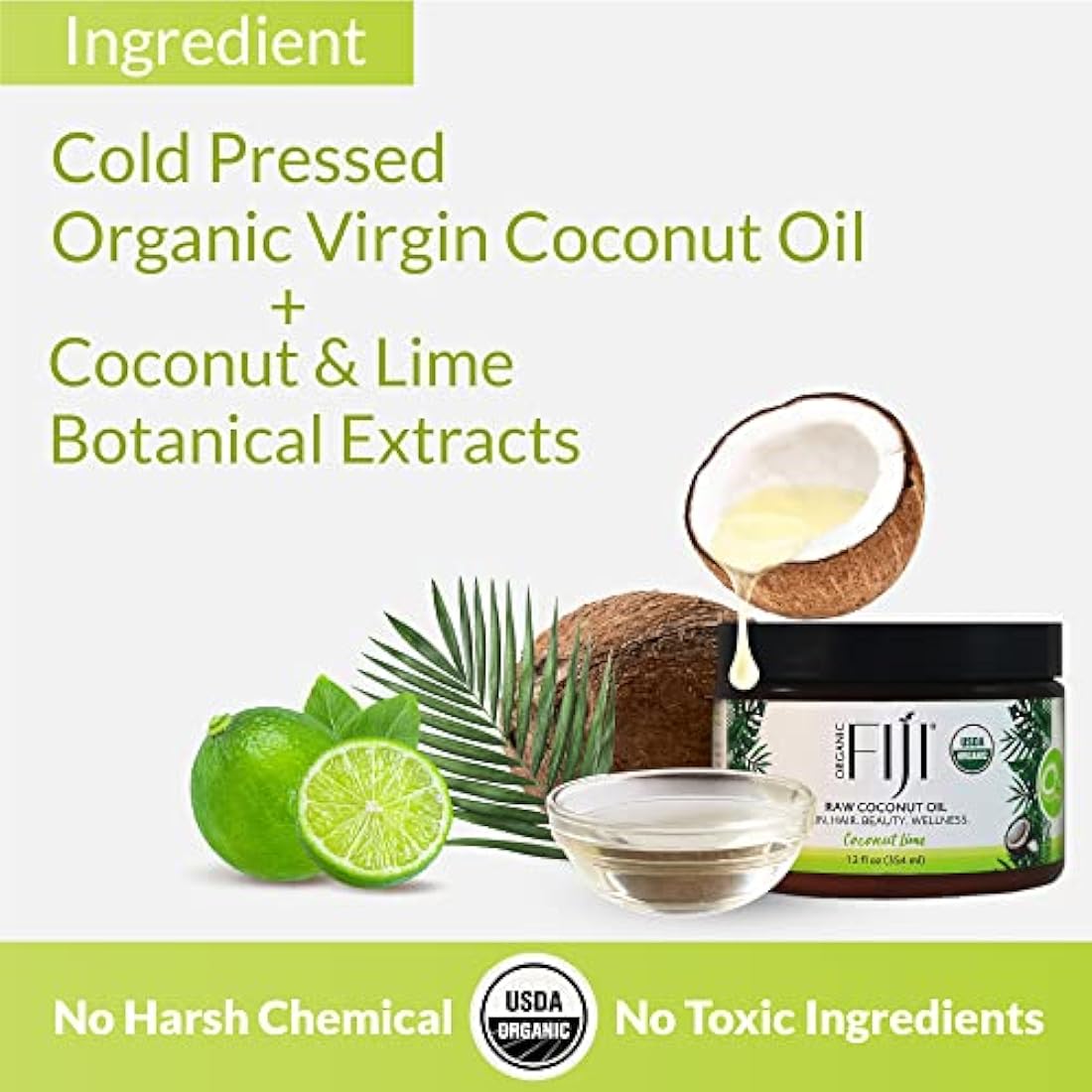 Organic Fiji Raw Cold Pressed Coconut Oil for Hair & Skin | Coconut Lime, 12oz