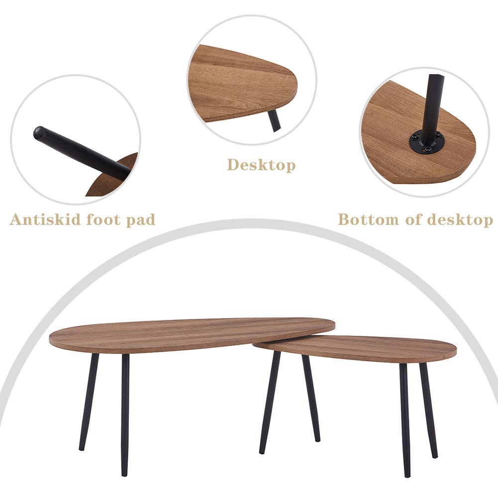 GOLDFAN Triangle Nesting Coffee Table Set of 2 - Walnut & Black Metal