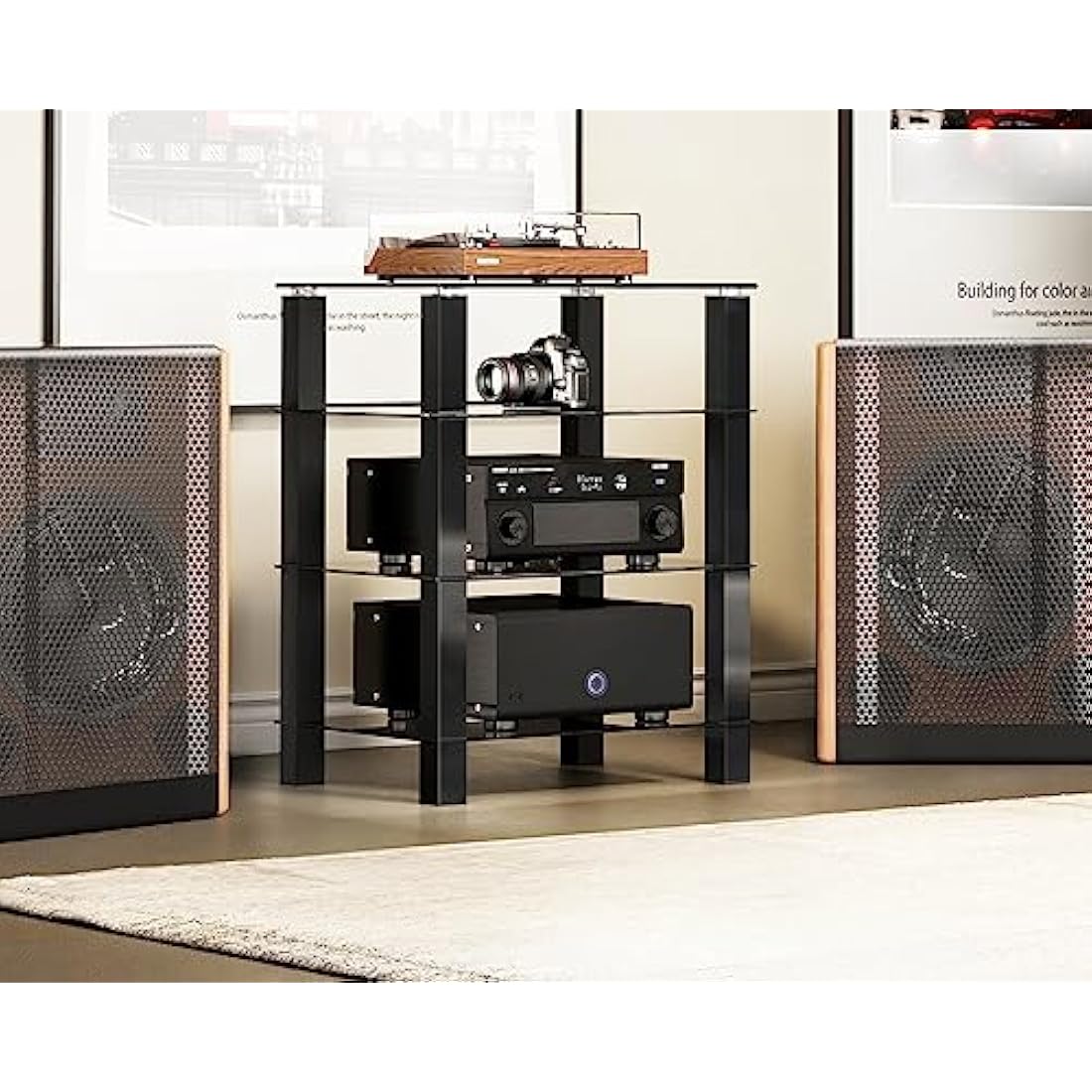 FITUEYES 4-Tier HiFi Rack | Black Tempered Glass AV Media Stand