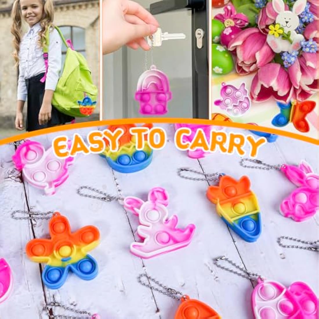 24Pcs Easter Pop Fidget Toy Keychains | Basket Stuffers