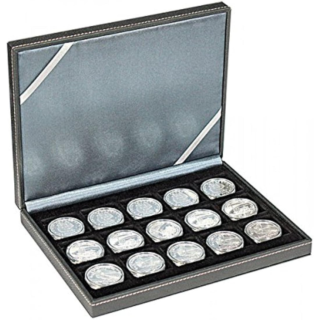 LINDNER Coin Case - 15 Compartments for 40mm Coins - Black Leather Look