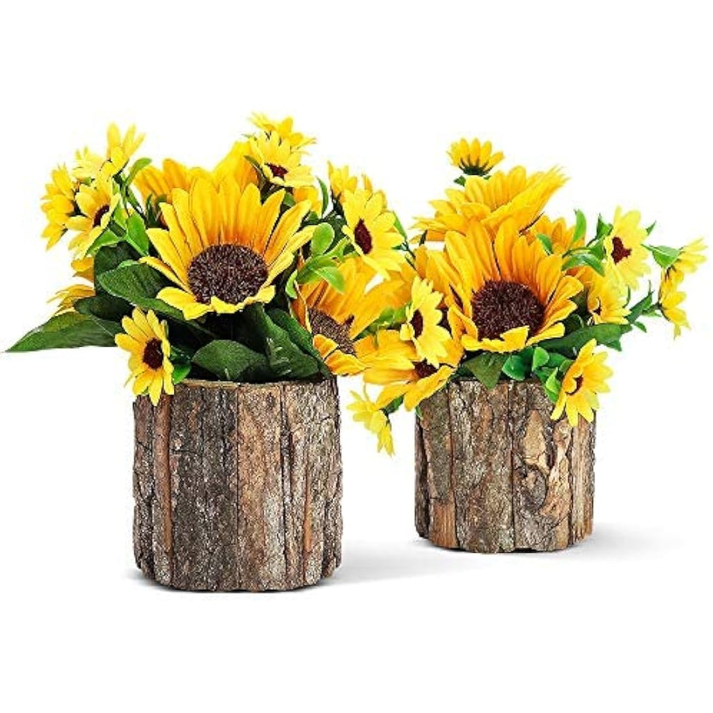 AceList Artificial Sunflowers | Potted Fake Plants with Bark Pots