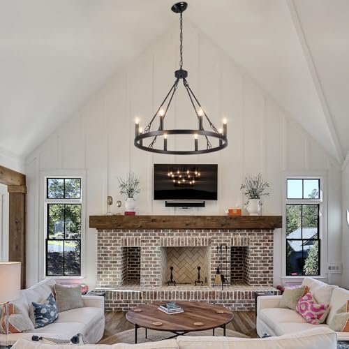 ASHUAQI 8-Light Wagon Wheel Chandelier | Black Modern Farmhouse Light