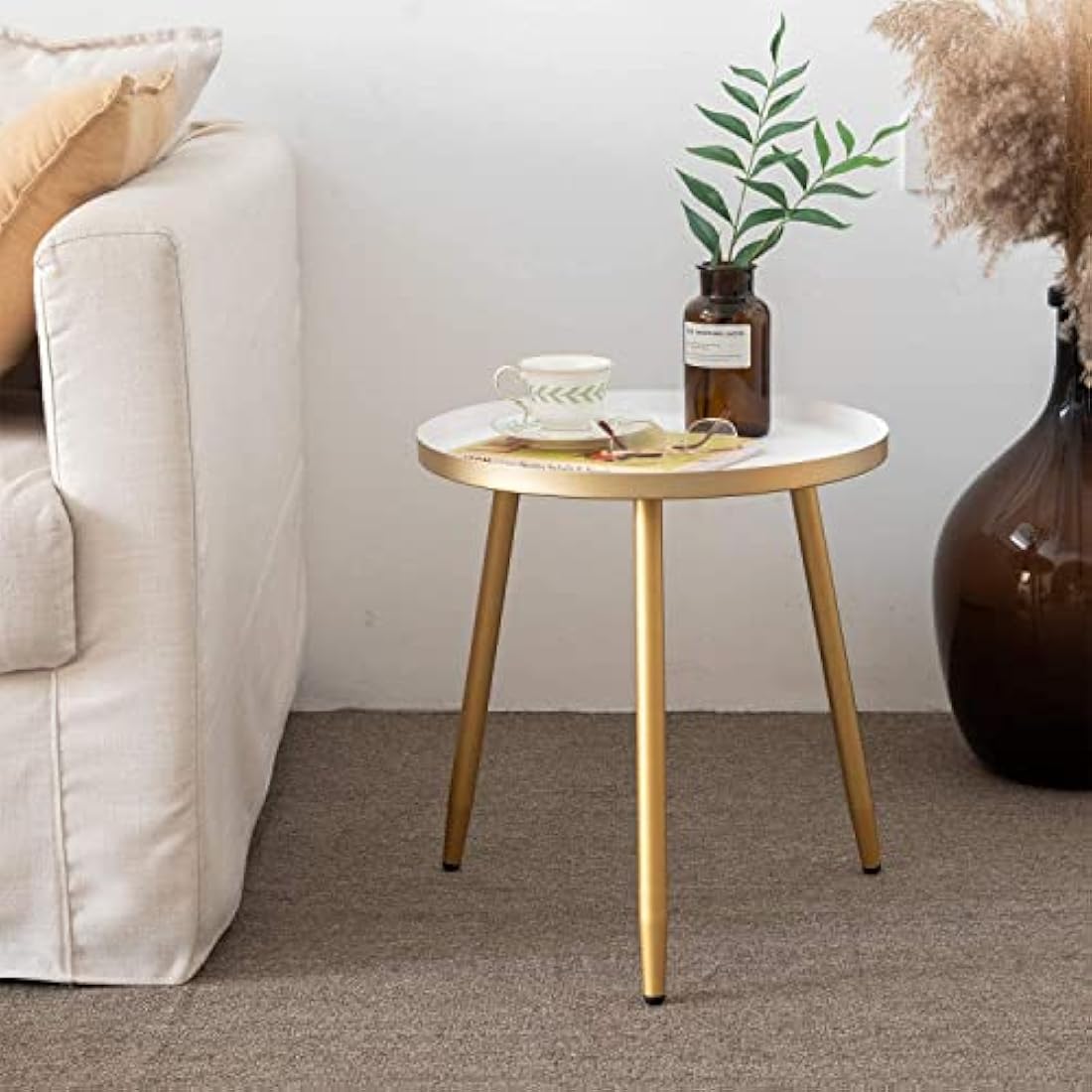AOJEZOR Round Metal Side Table – Modern End Table for Small Spaces, Gold