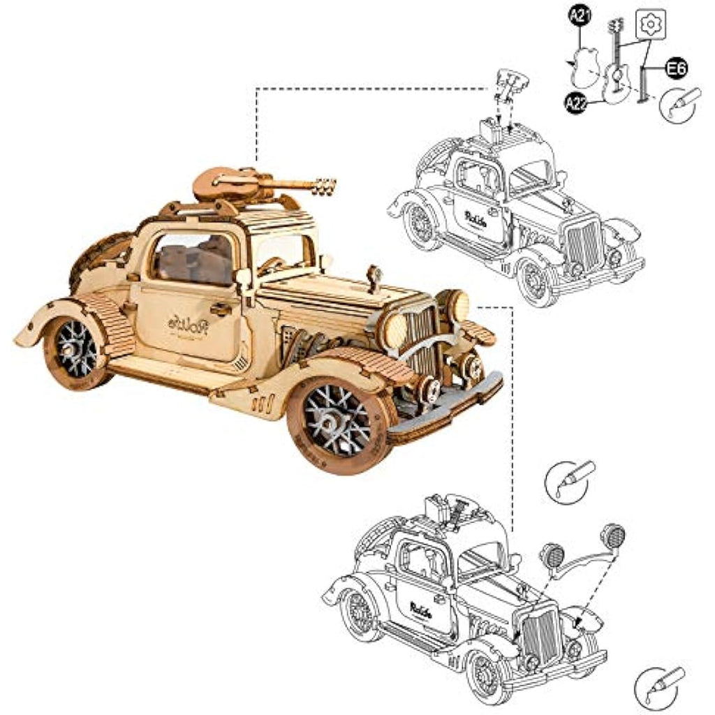 Rolife 3D Wooden Puzzle - DIY Vintage Car Model Kit for Adults
