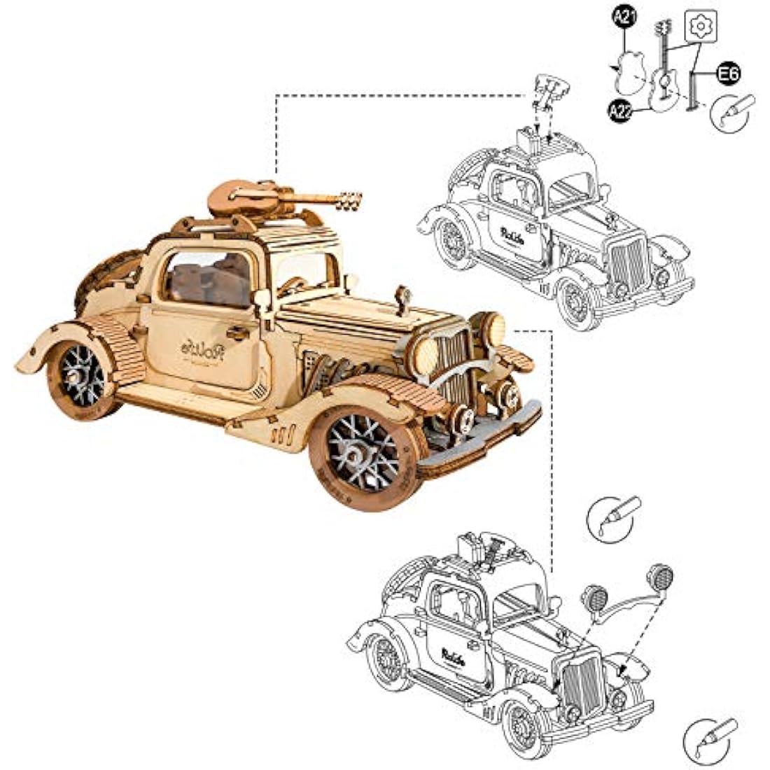 Rolife 3D Wooden Puzzle - DIY Vintage Car Model Kit for Adults