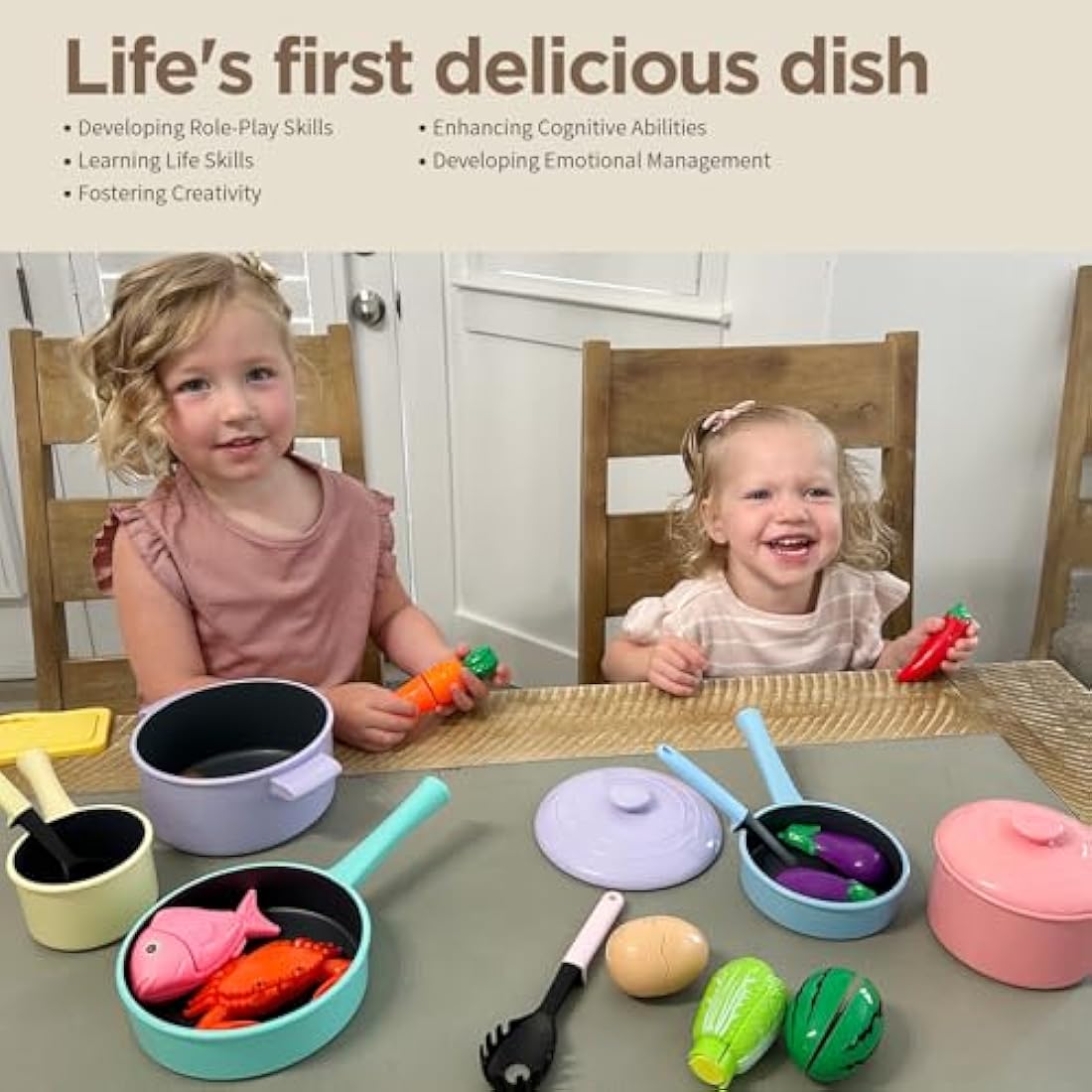 GILOBABY Kids Kitchen Pretend Play Set – Cutting Food & Cookware Toys