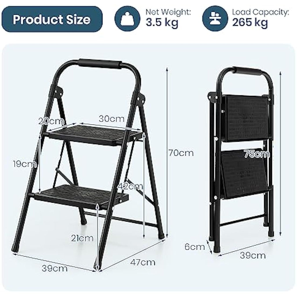 TANGZON 2-Step Folding Ladder | Heavy-Duty Steel Stool with Handrail