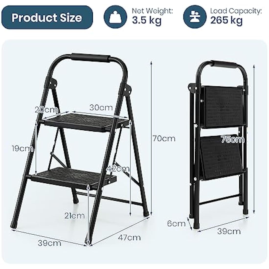 TANGZON 2-Step Folding Ladder | Heavy-Duty Steel Stool with Handrail