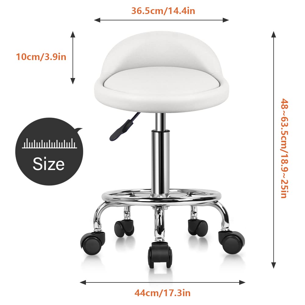 KKTONER PU Leather Rolling Stool - Adjustable Swivel Spa Chair, White
