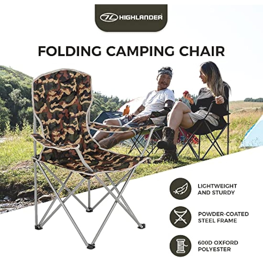 Highlander Camping Chair – Lightweight Folding Steel Chair with Cup Holder