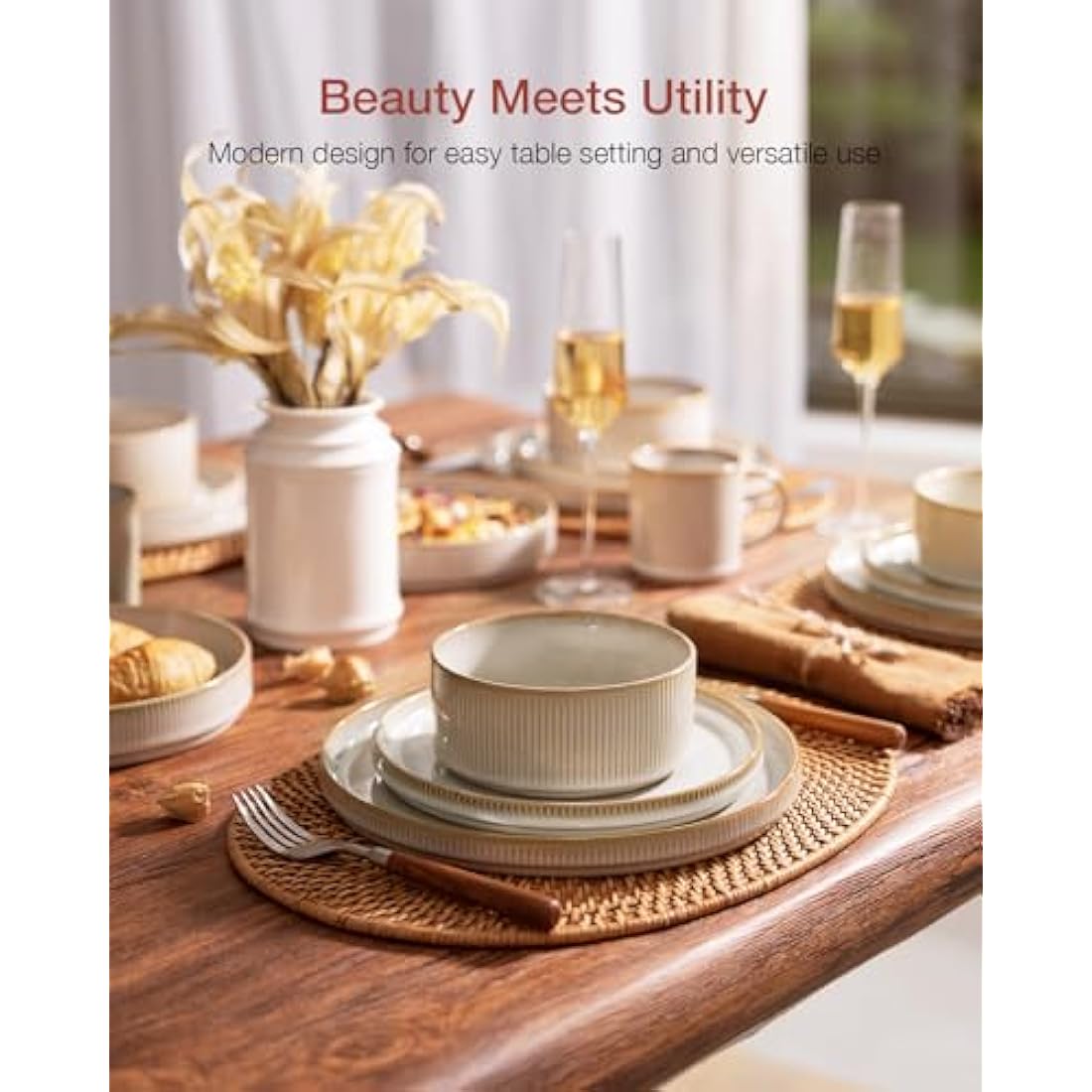 Richmount 12-Piece Stoneware Dinnerware Set, Reactive Glaze White