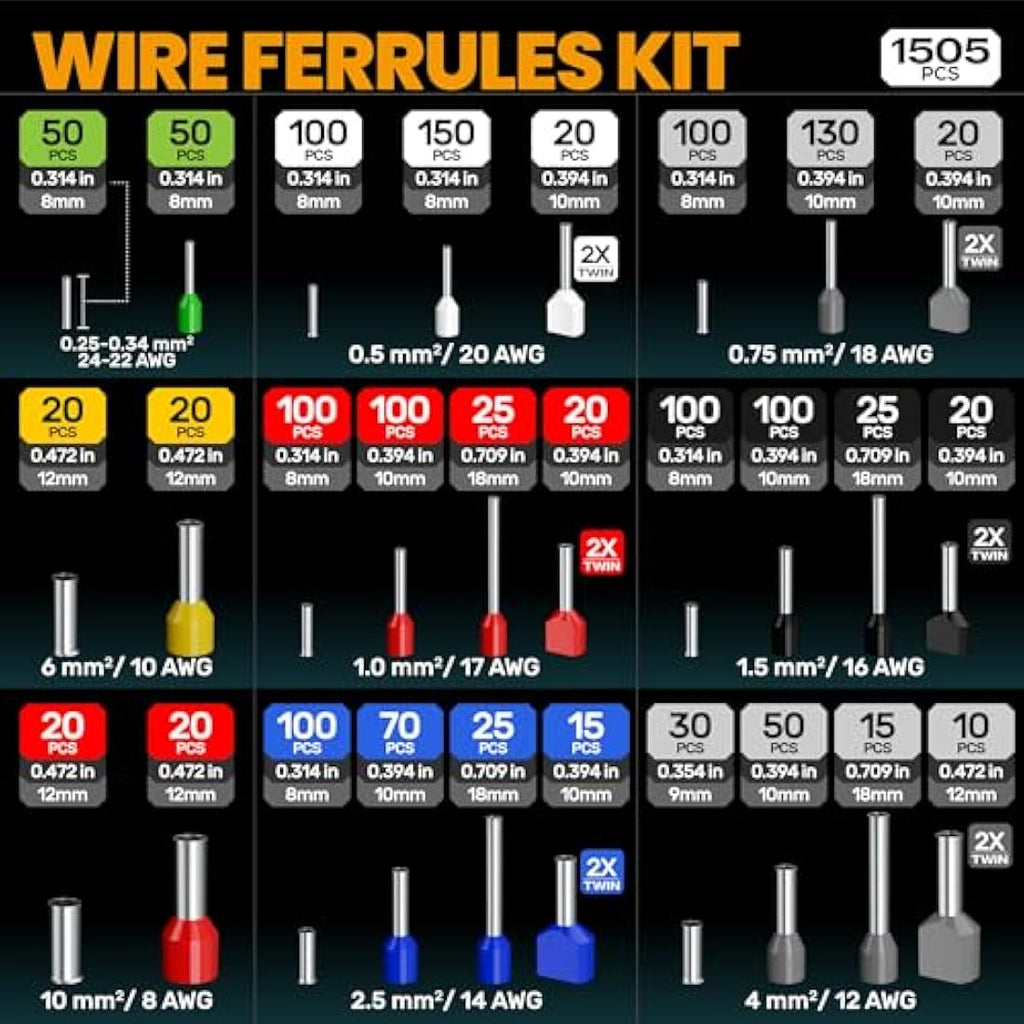 SOMELINE Hexagonal Ferrule Crimp Tool Kit with 1505pcs Wire Terminals
