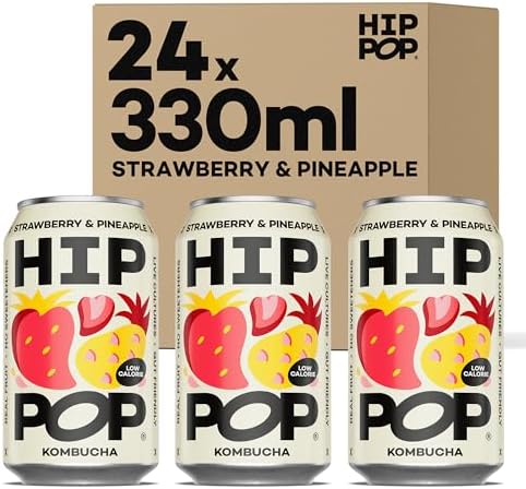 Hip Pop Strawberry & Pineapple Kombucha – Vegan Probiotic Drink, 24 x 330ml