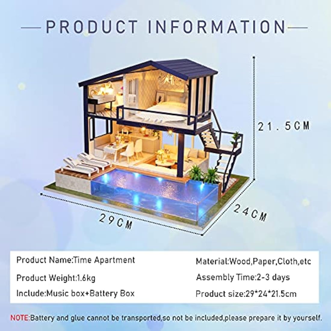 Cuteroom DIY Wooden Dollhouse Miniature Kit - Time Apartment with Pool