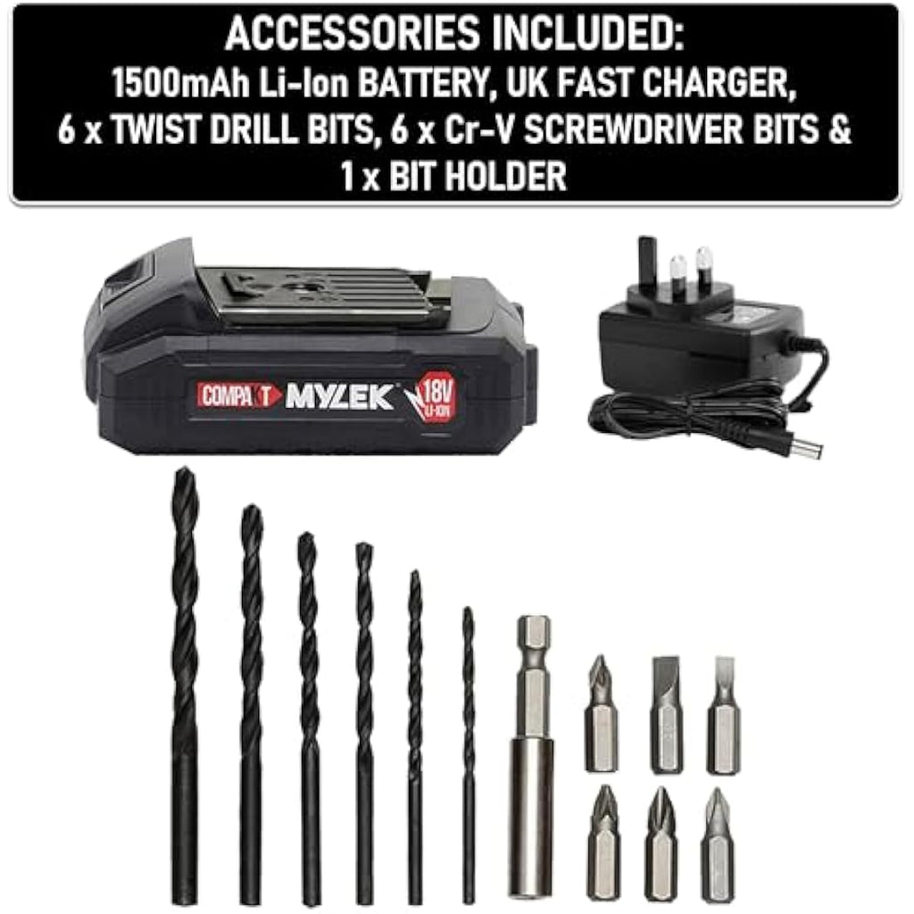 MYLEK 18V Cordless Drill & Electric Screwdriver Set with DIY Kit - Black